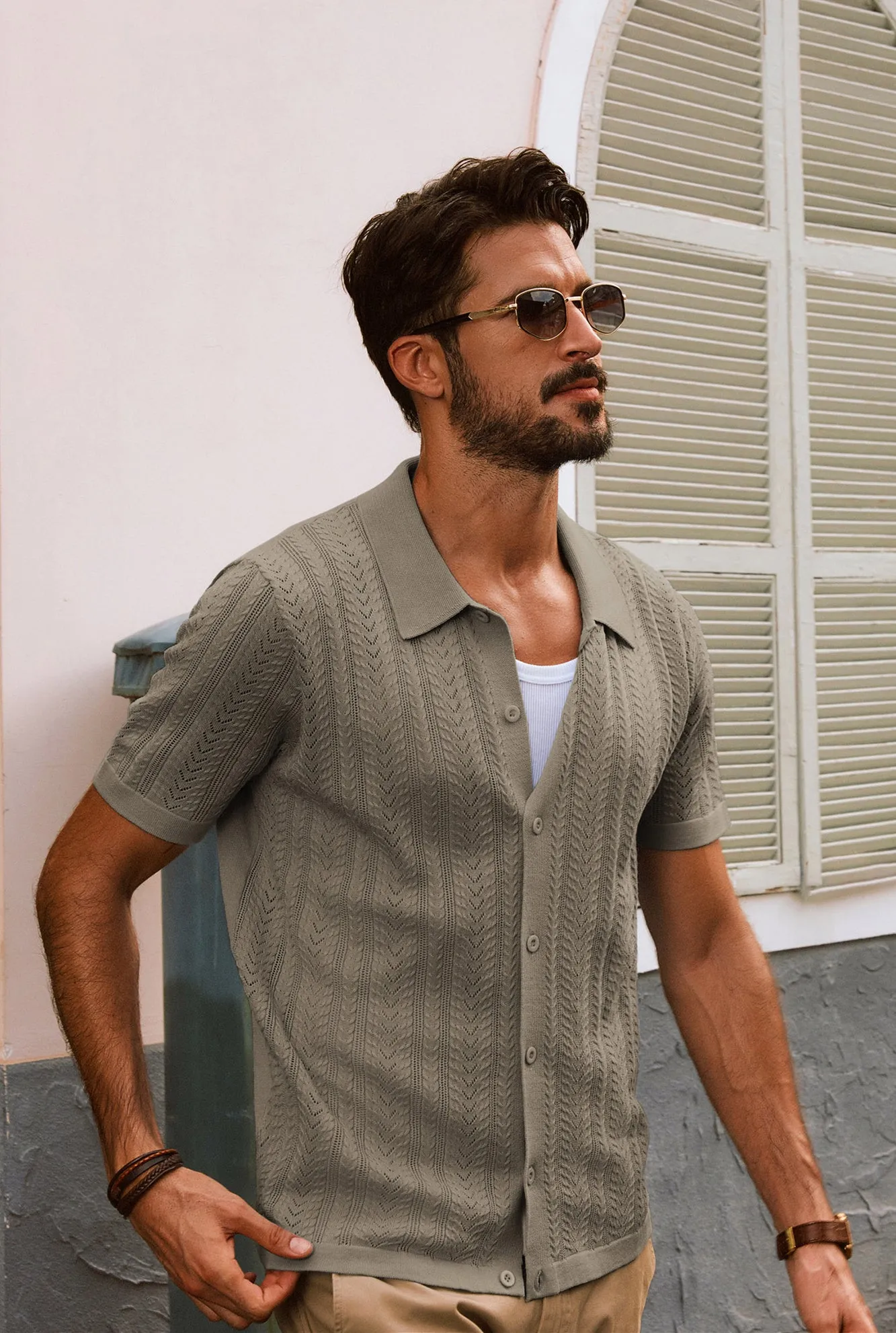 Men Textured Knitted Cardigan Short Sleeve Lapel Collar Button-up Sweater