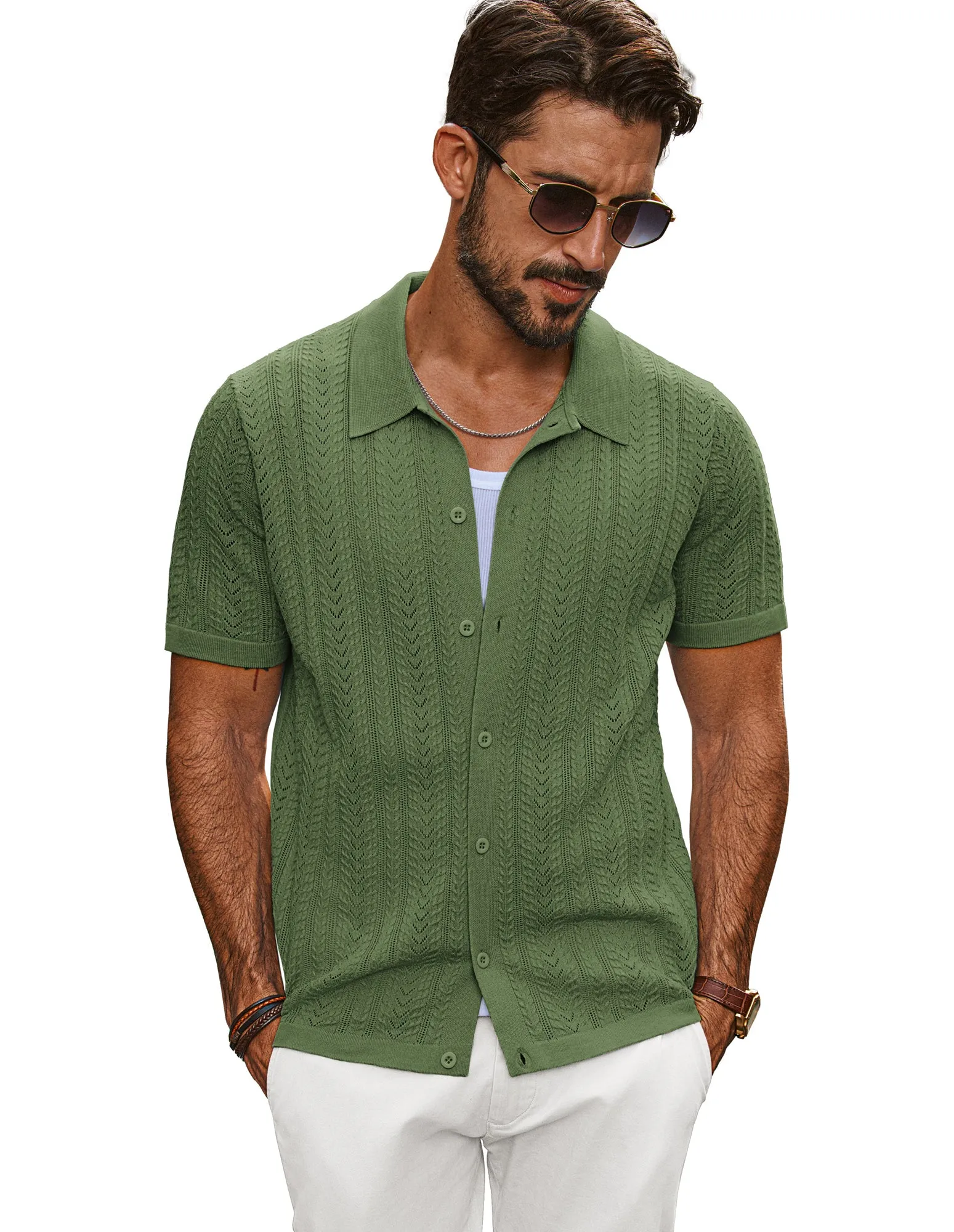 Men Textured Knitted Cardigan Short Sleeve Lapel Collar Button-up Sweater