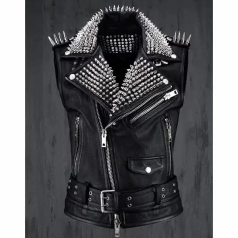 Men's Black Leather Studded Biker Punk Vest