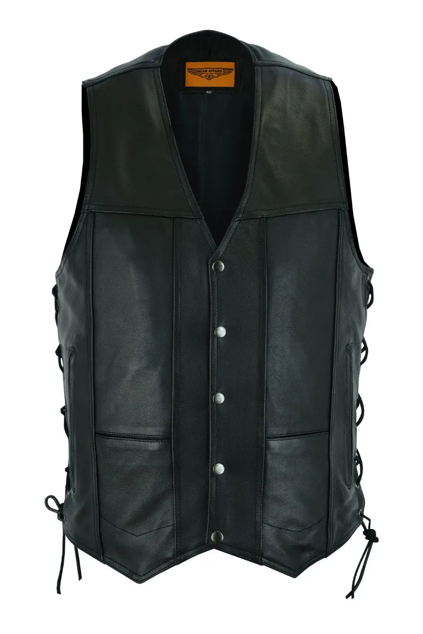 Mens Leather Vest With Concealed Carry & Side Laces 10 pockets Side Laces