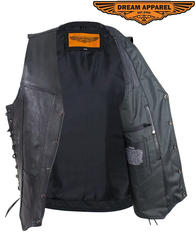 Mens Leather Vest With Concealed Carry & Side Laces 10 pockets Side Laces