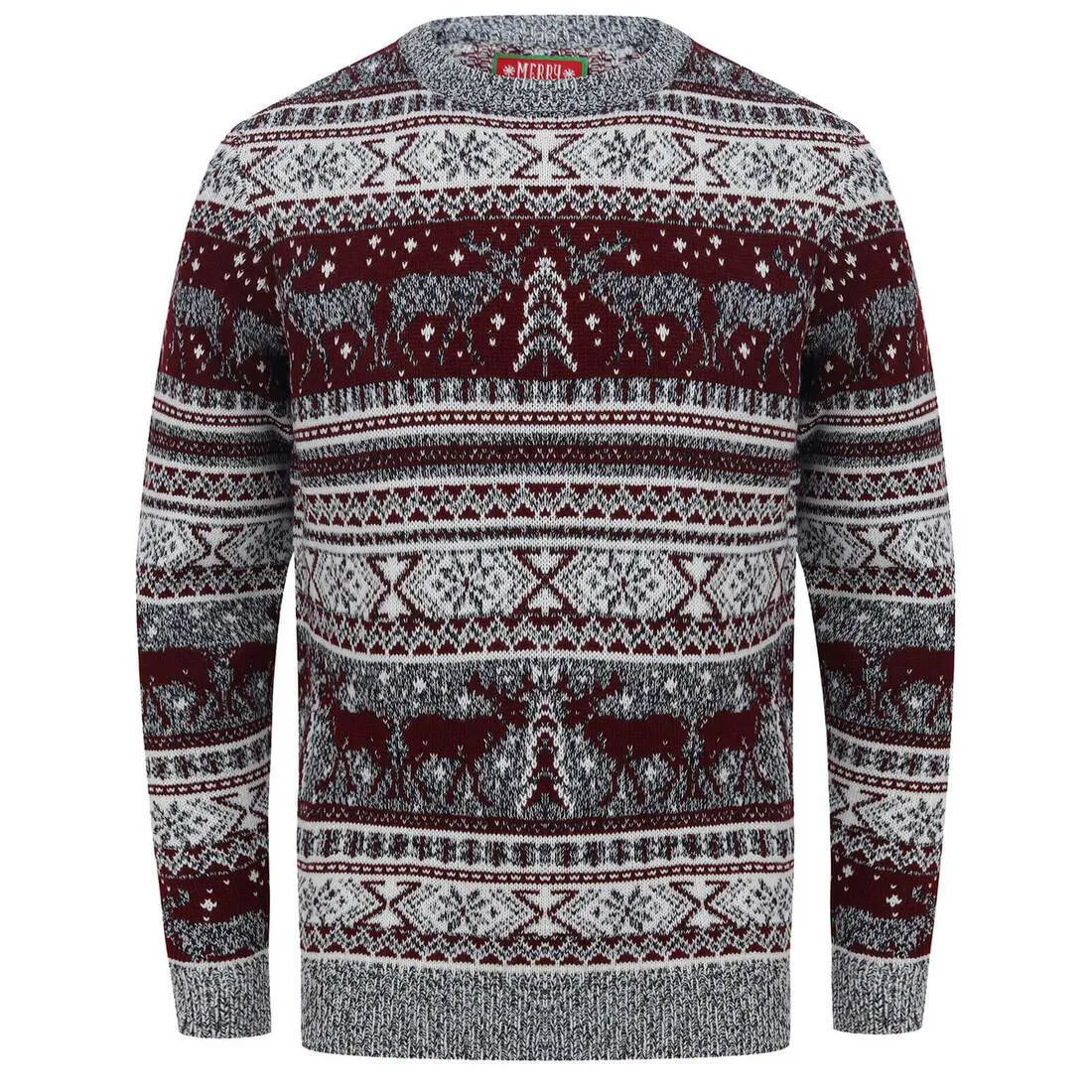 Mens Reindeer Fair Isle Christmas Jumper Grey Marl Nordic