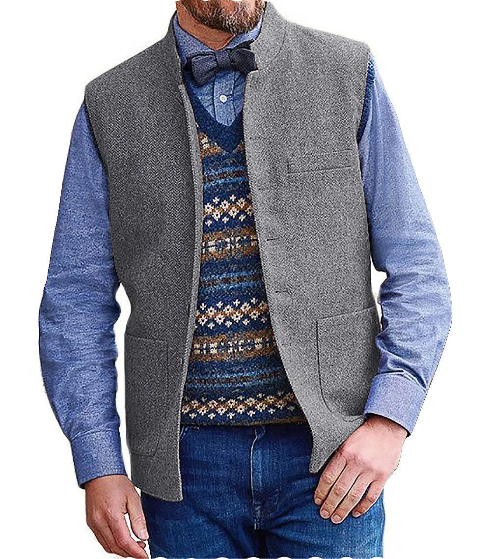 Men's Slim Fit herringbone Stand Collar Waistcoat