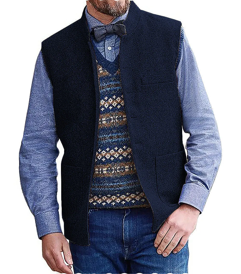 Men's Slim Fit herringbone Stand Collar Waistcoat