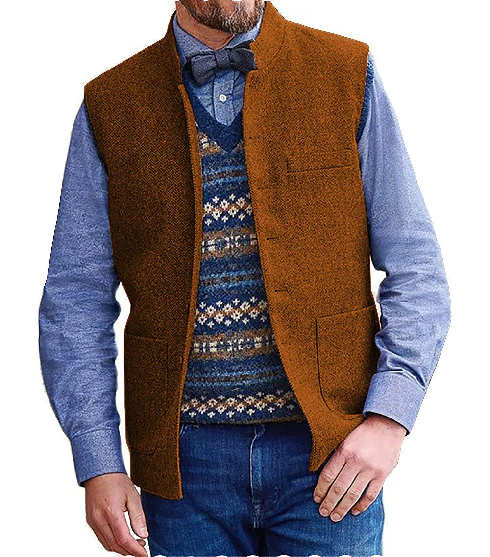 Men's Slim Fit herringbone Stand Collar Waistcoat