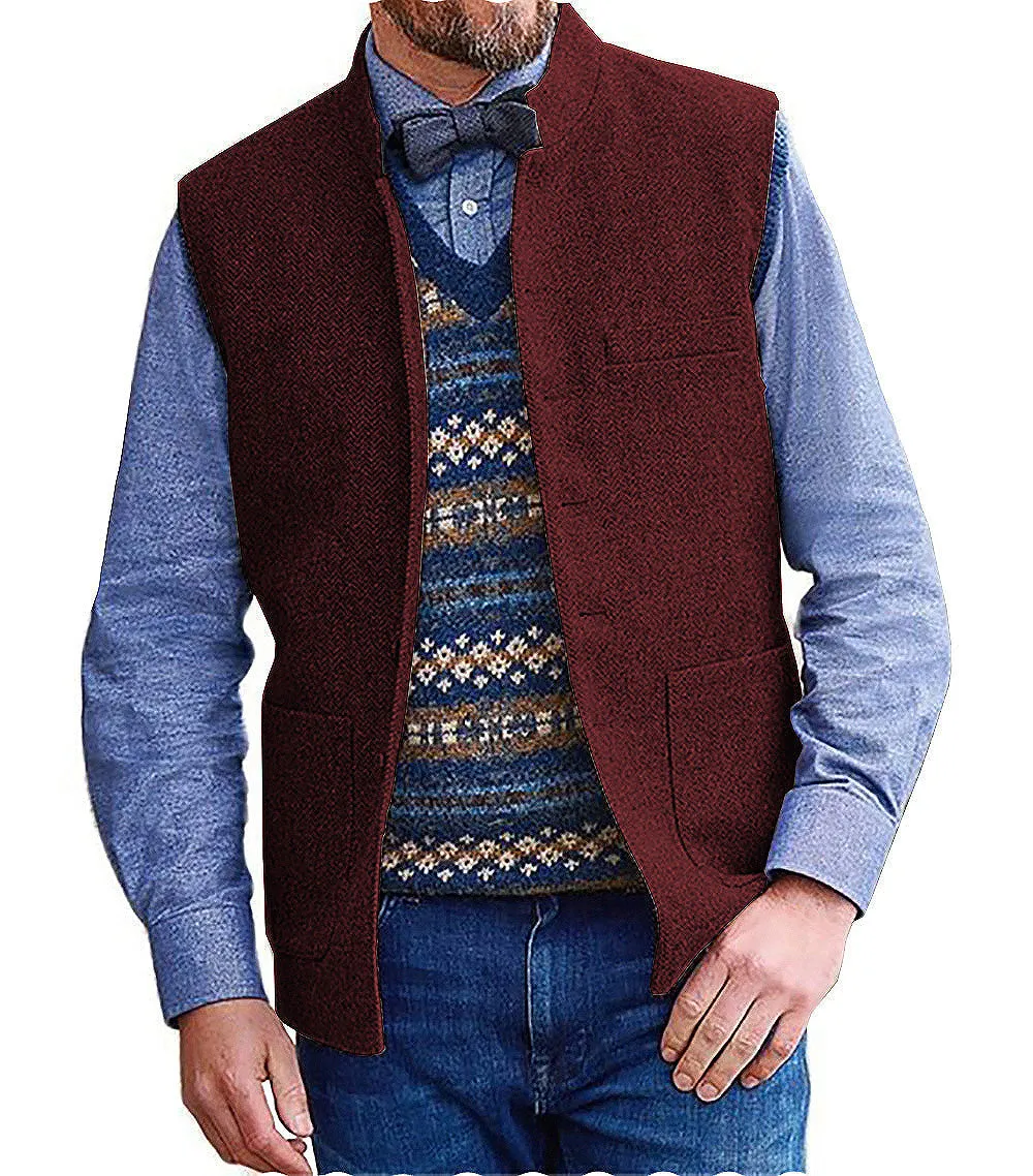 Men's Slim Fit herringbone Stand Collar Waistcoat