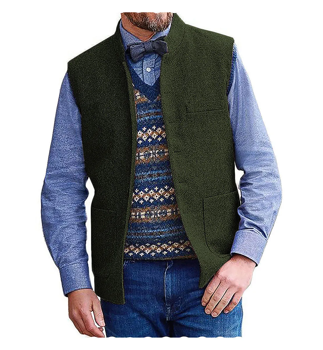 Men's Slim Fit herringbone Stand Collar Waistcoat