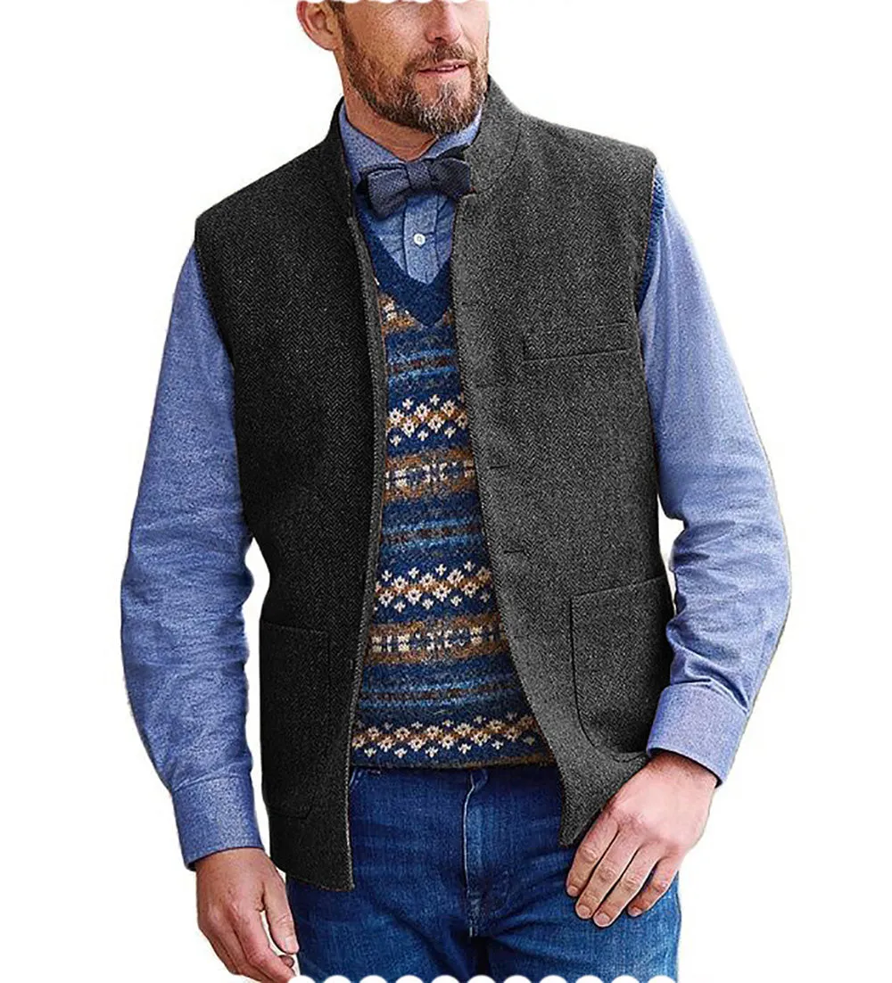 Men's Slim Fit herringbone Stand Collar Waistcoat