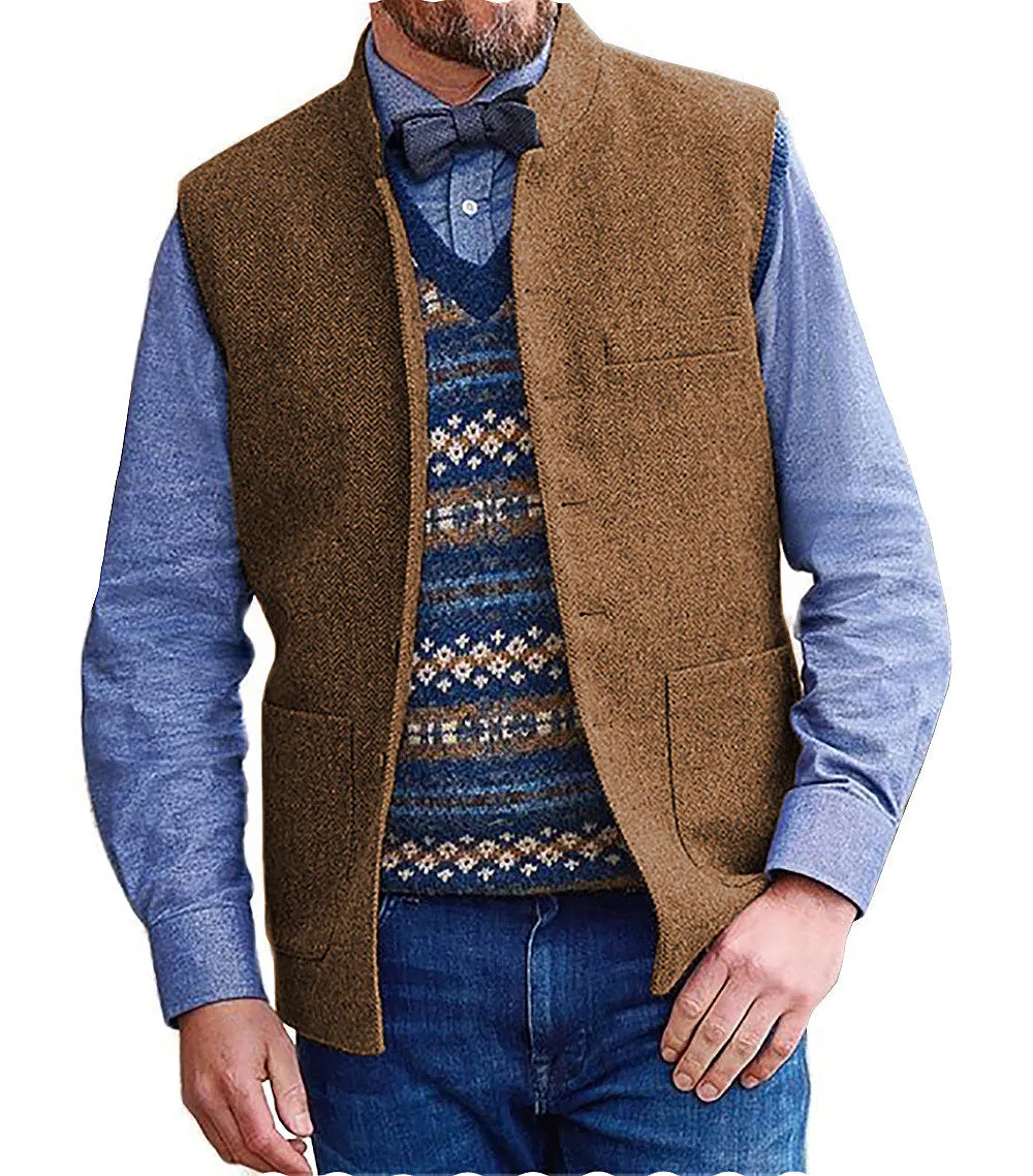 Men's Slim Fit herringbone Stand Collar Waistcoat