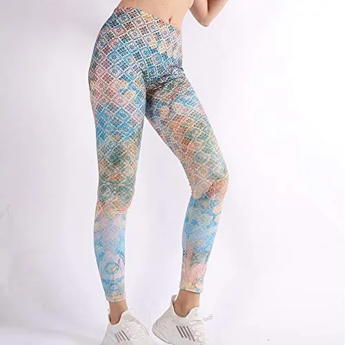 Middle Waisted Seamless Workout Leggings - Women’s Mandala Printed Yoga Leggings, Tummy Control Running Pants (Tiedye Mandala, One Size)