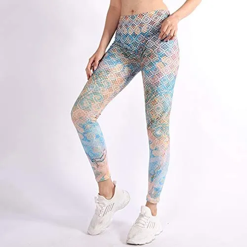 Middle Waisted Seamless Workout Leggings - Women’s Mandala Printed Yoga Leggings, Tummy Control Running Pants (Tiedye Mandala, One Size)