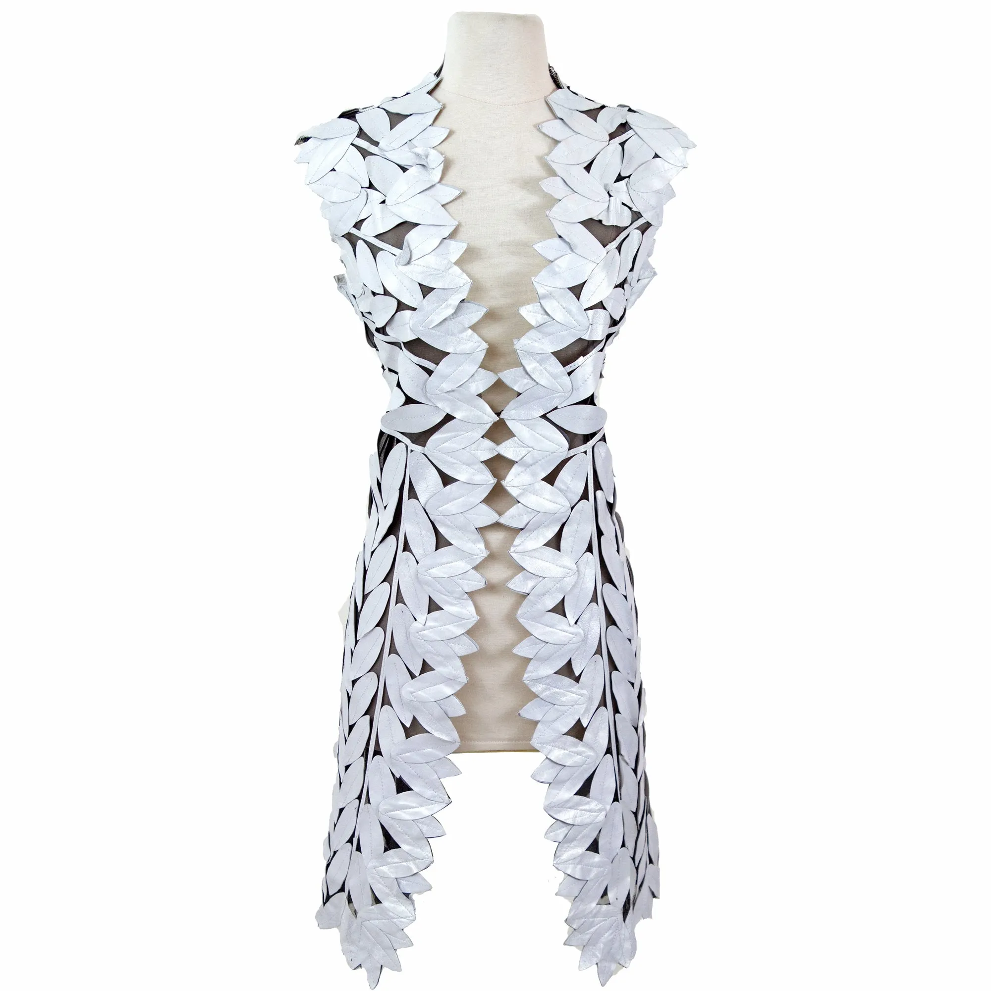 Midi Sleeveless Leaf Pattern Leather Vest