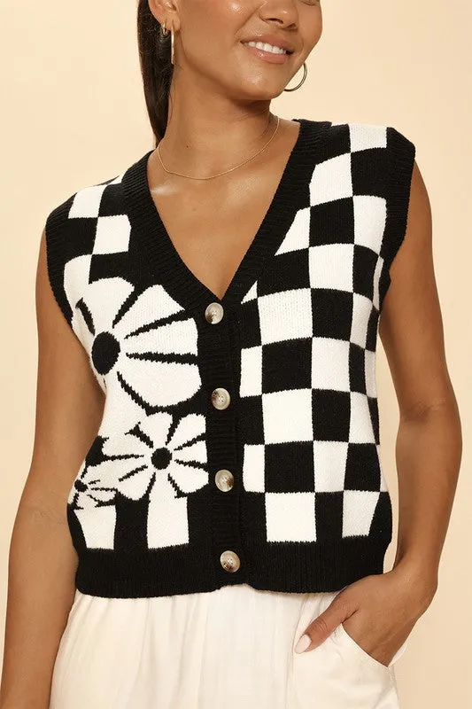 MISS SPARKLING Knitted Intarsia Flower & Checkered Vest