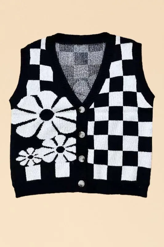 MISS SPARKLING Knitted Intarsia Flower & Checkered Vest