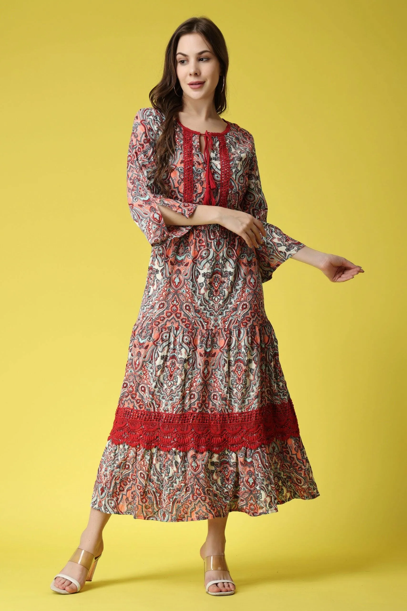 Multicolored Ethnic Printed Dress with Lace