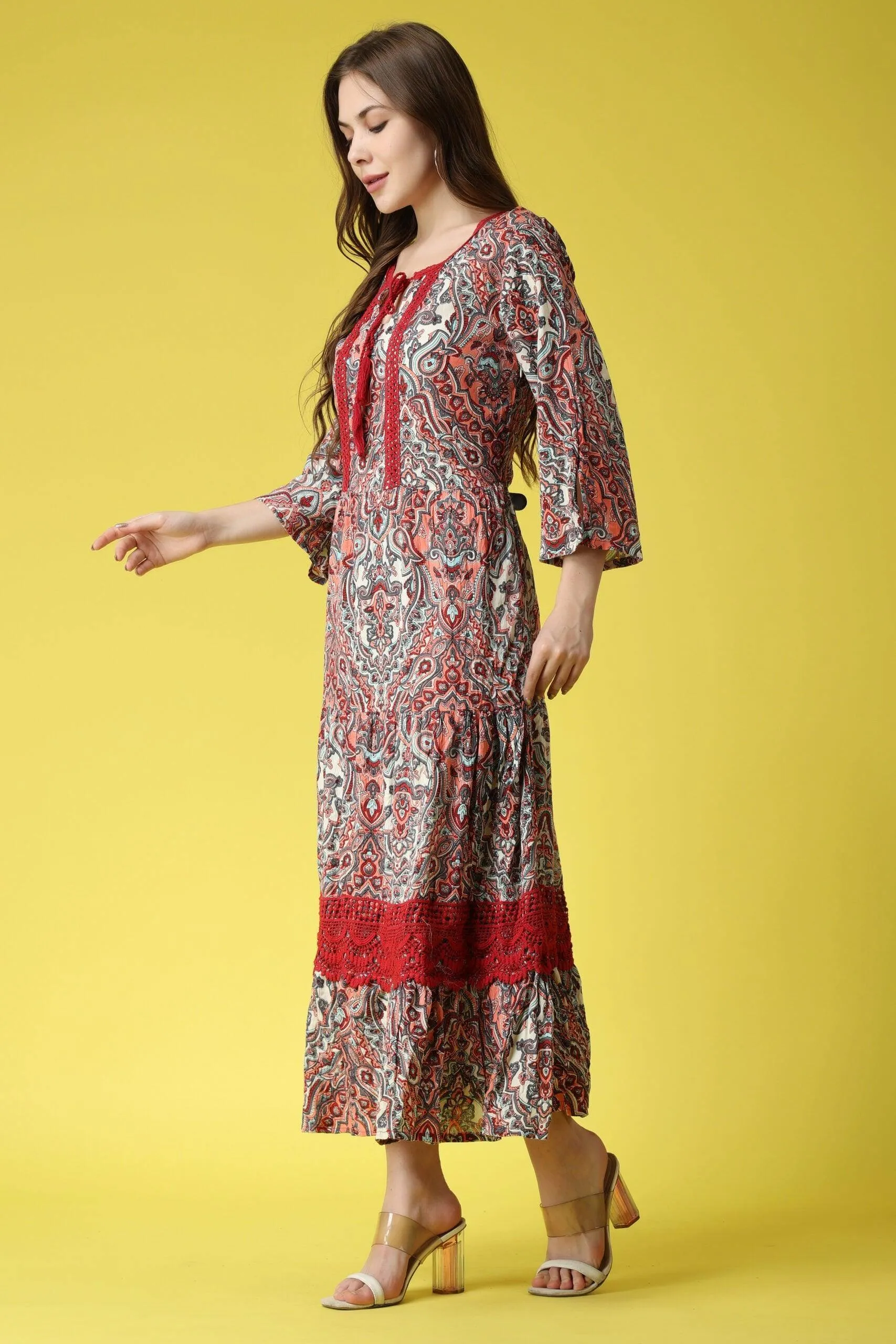 Multicolored Ethnic Printed Dress with Lace