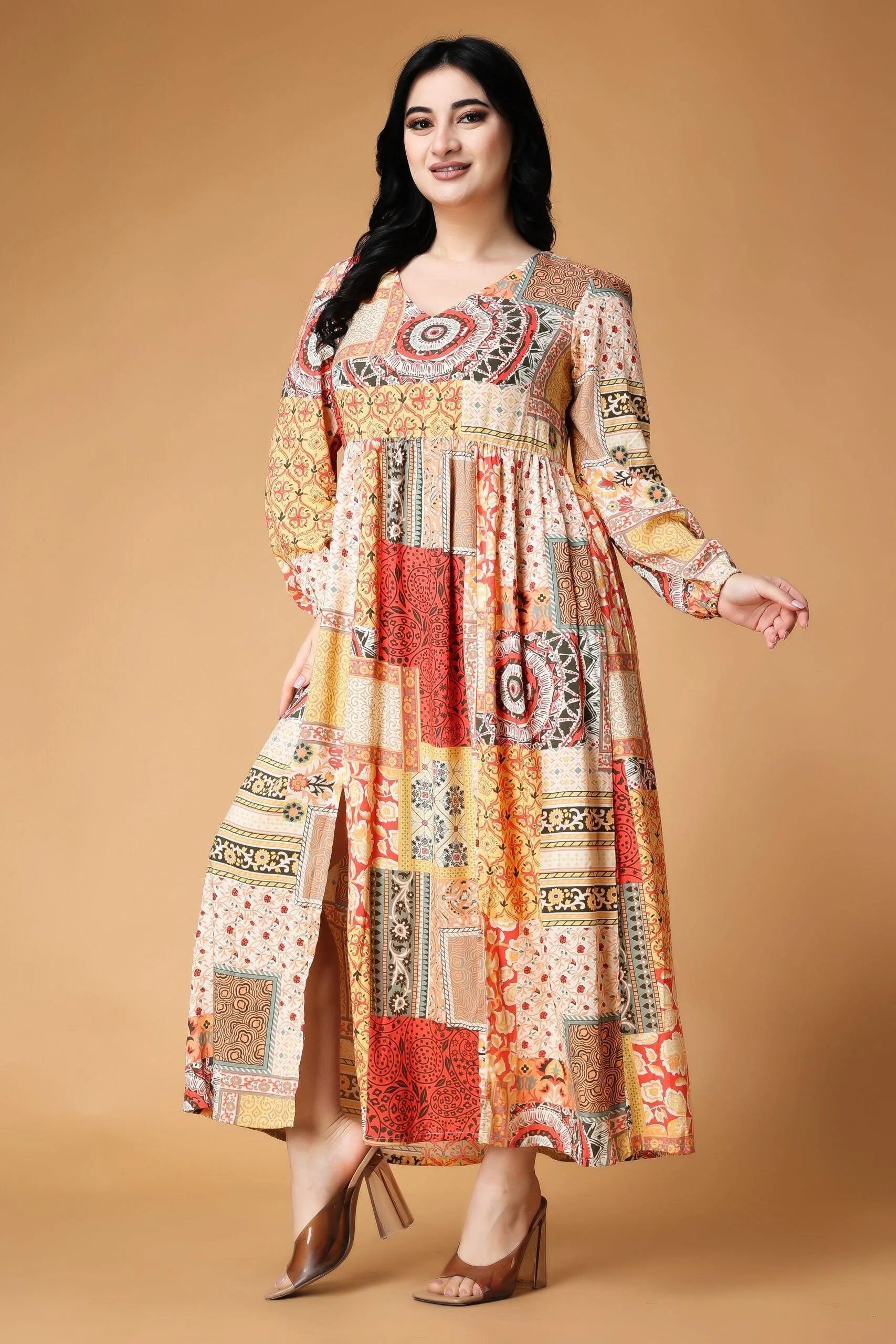 Multicolored Patch Printed Maxi Dress