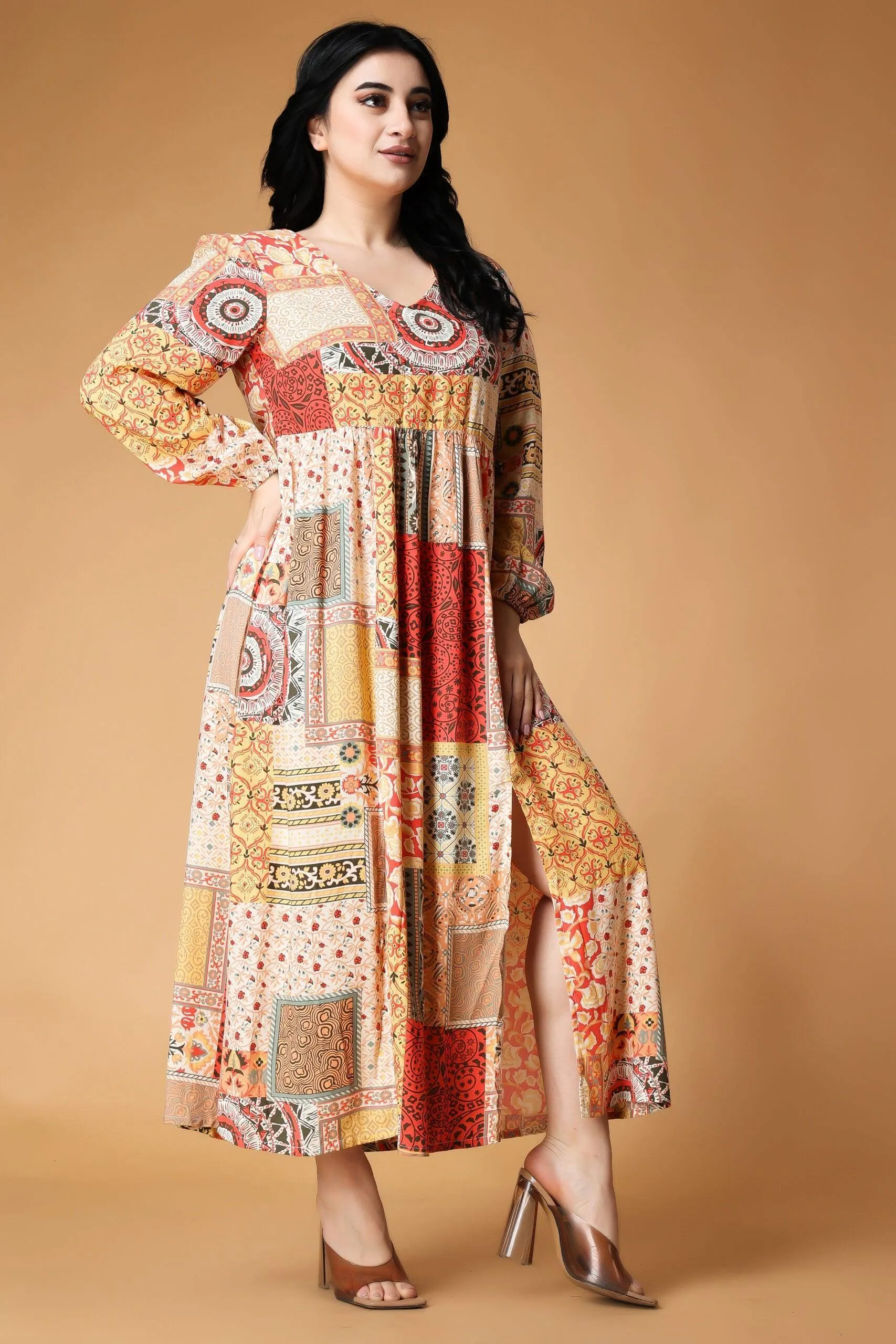 Multicolored Patch Printed Maxi Dress