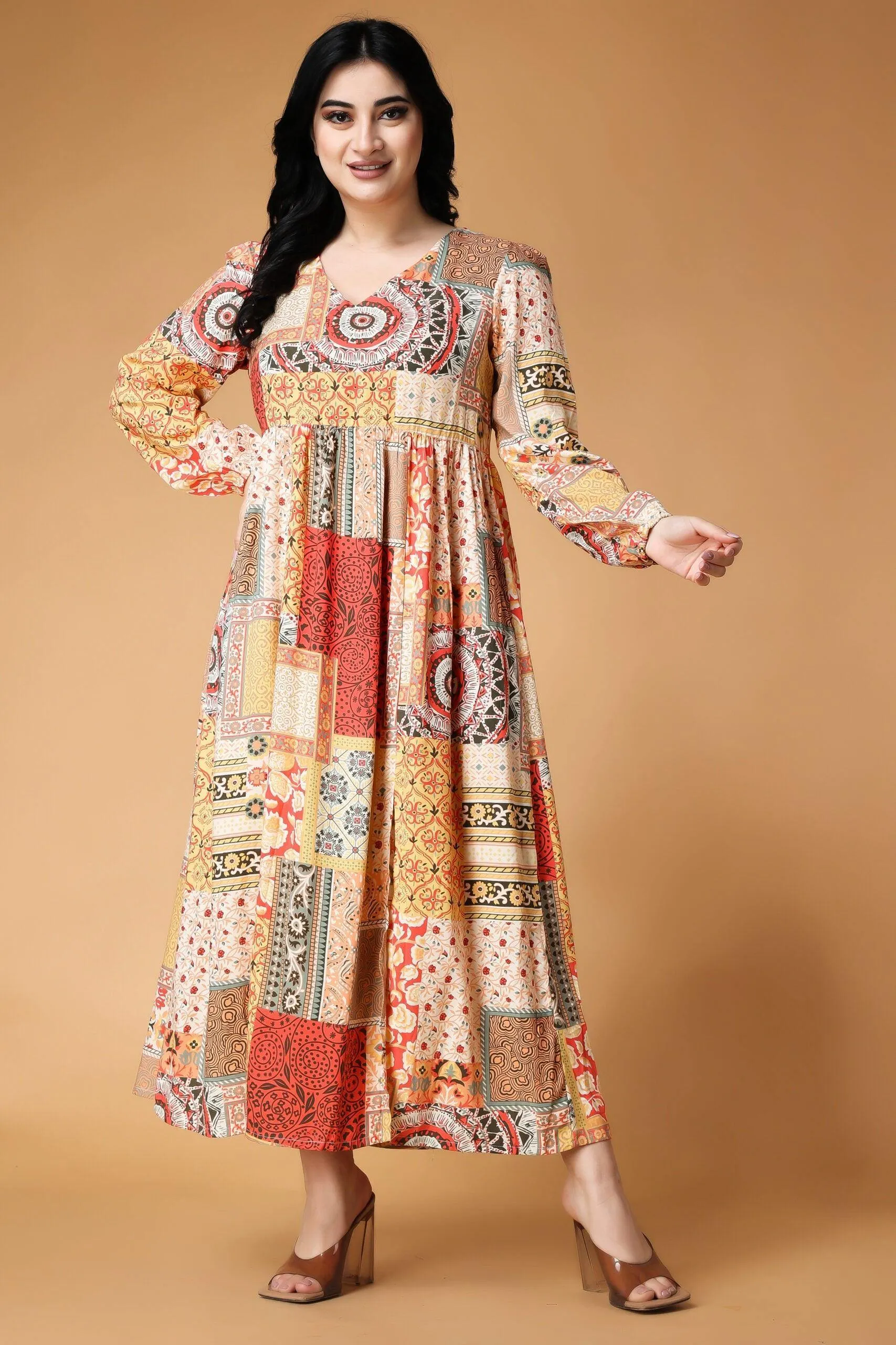 Multicolored Patch Printed Maxi Dress