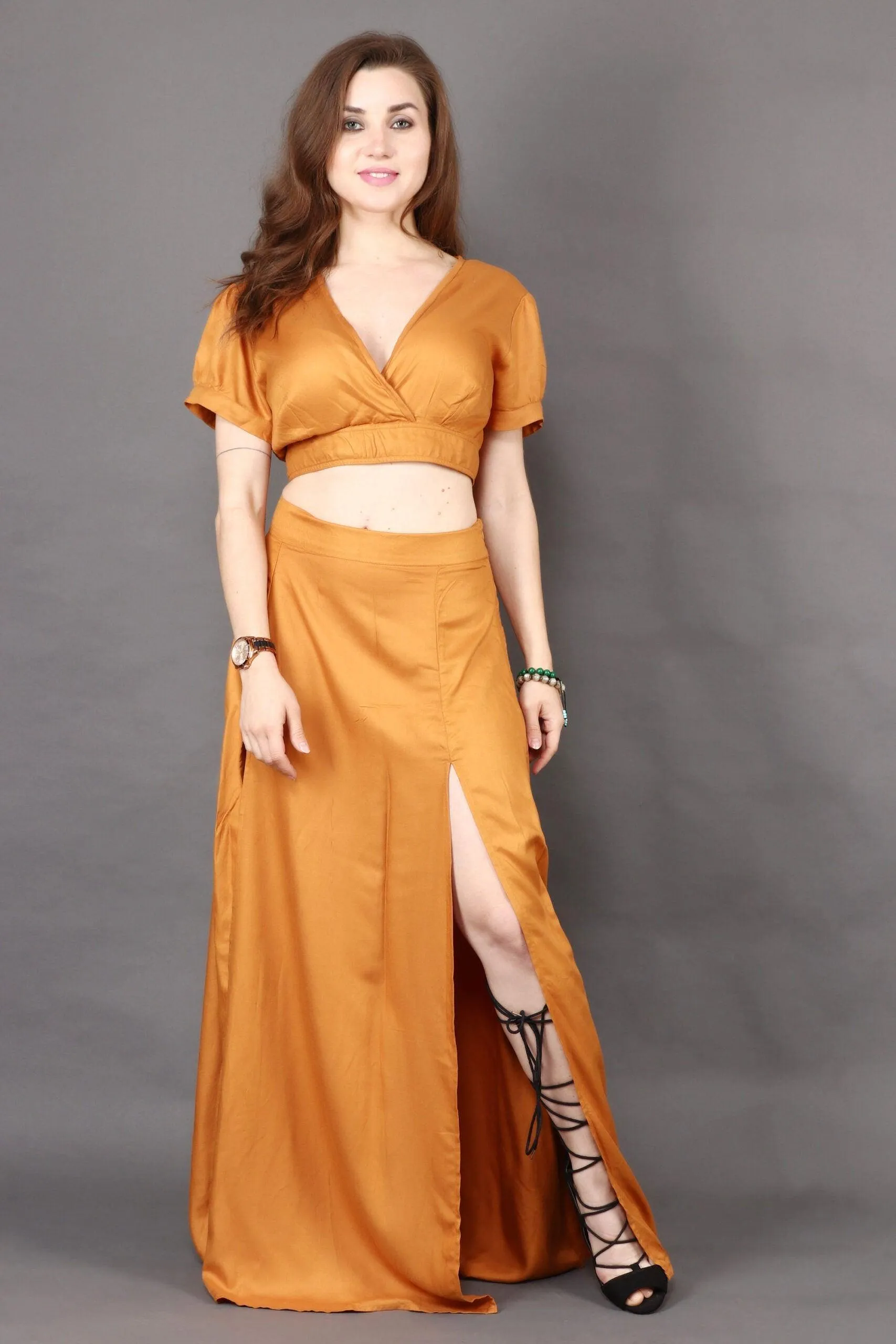 Mustard Solid Back Tie Crop Top with Slit Skirt Set