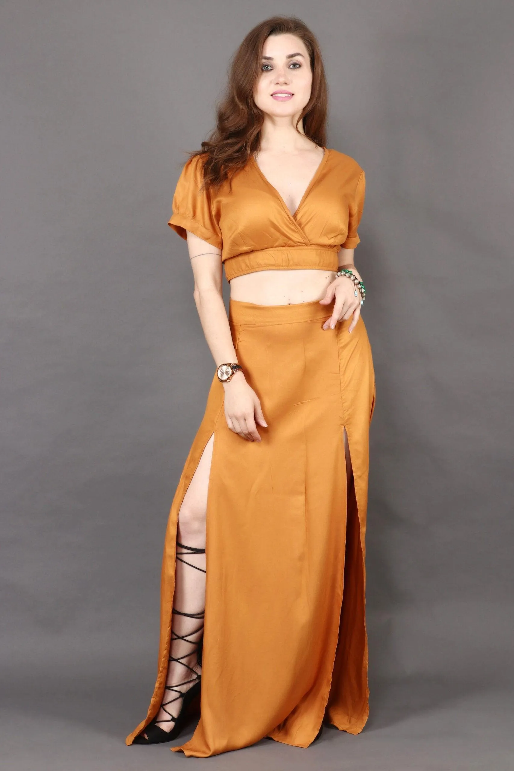 Mustard Solid Back Tie Crop Top with Slit Skirt Set