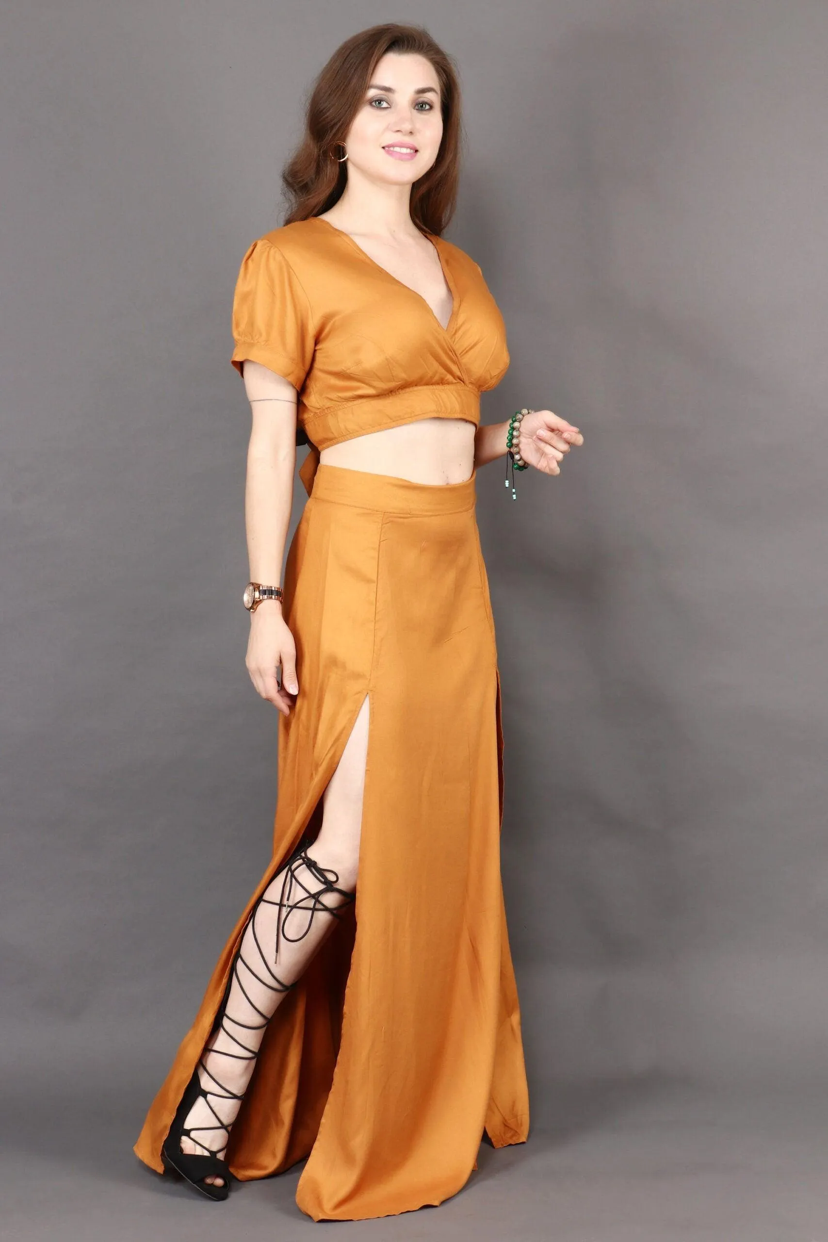 Mustard Solid Back Tie Crop Top with Slit Skirt Set