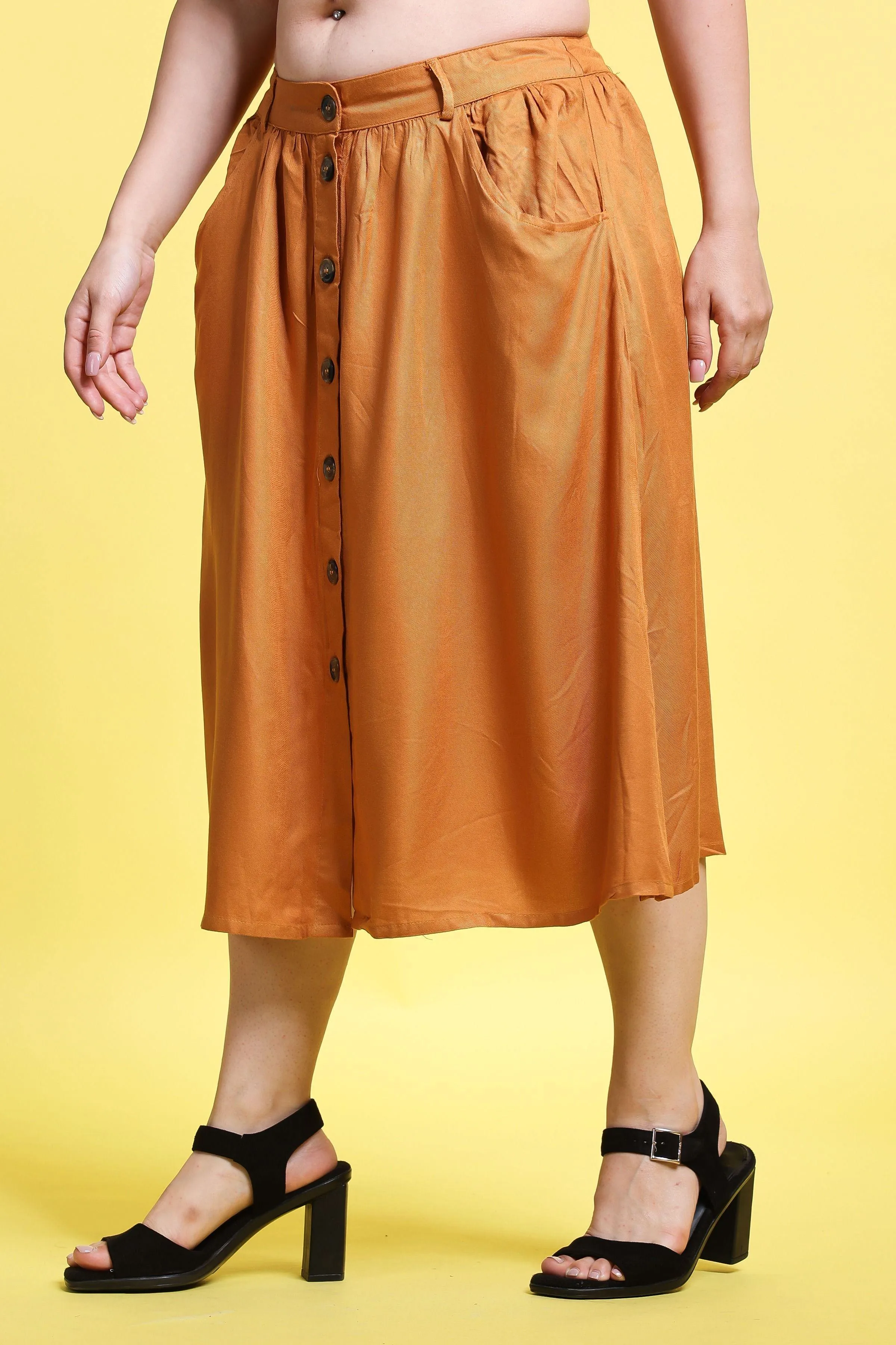 Mustard Solid Buttoned Skirt