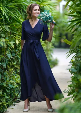 Navy Blue Chiffon Bridesmaid Dress Wedding Guest Dress Chiffon Long Wrap Dress