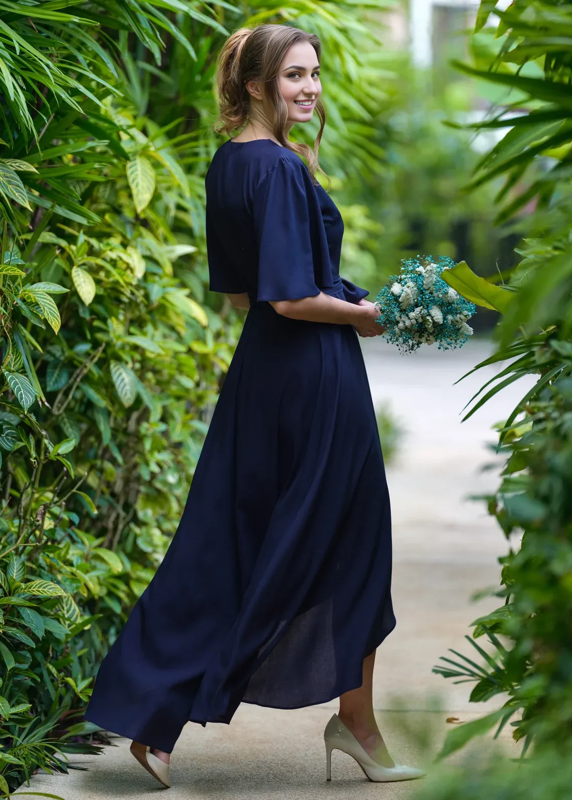 Navy Blue Chiffon Bridesmaid Dress Wedding Guest Dress Chiffon Long Wrap Dress