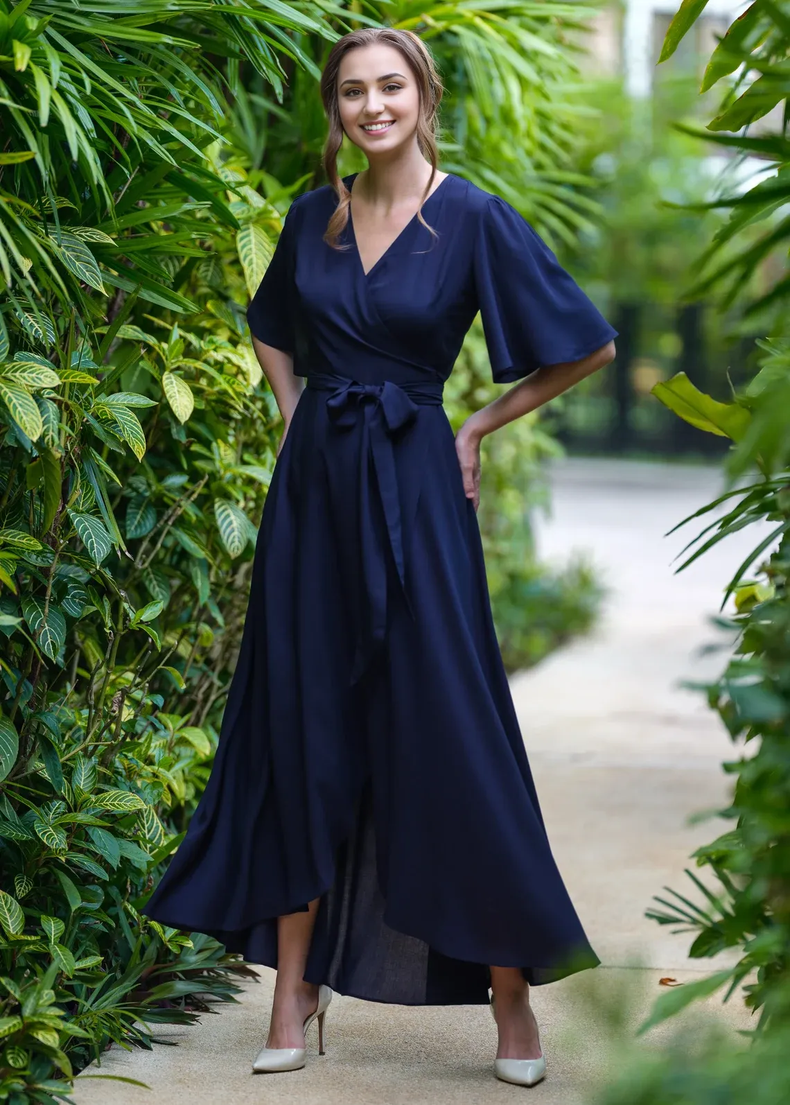 Navy Blue Chiffon Bridesmaid Dress Wedding Guest Dress Chiffon Long Wrap Dress