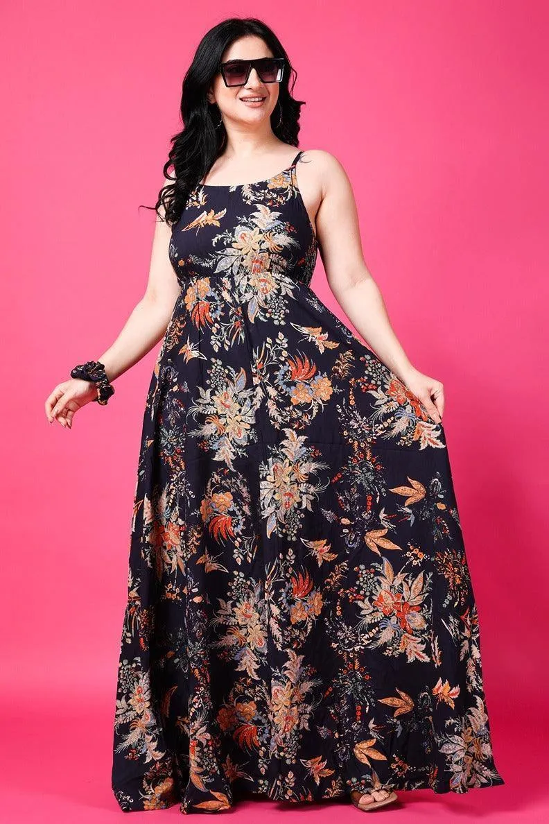 Navy Blue Floral Printed Maxi Dress