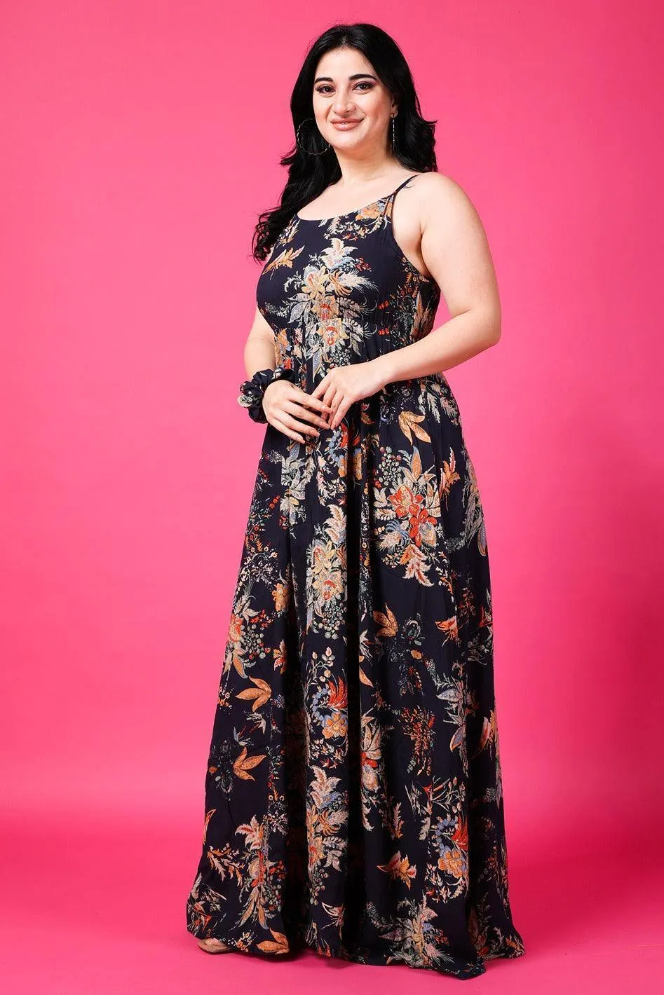 Navy Blue Floral Printed Maxi Dress