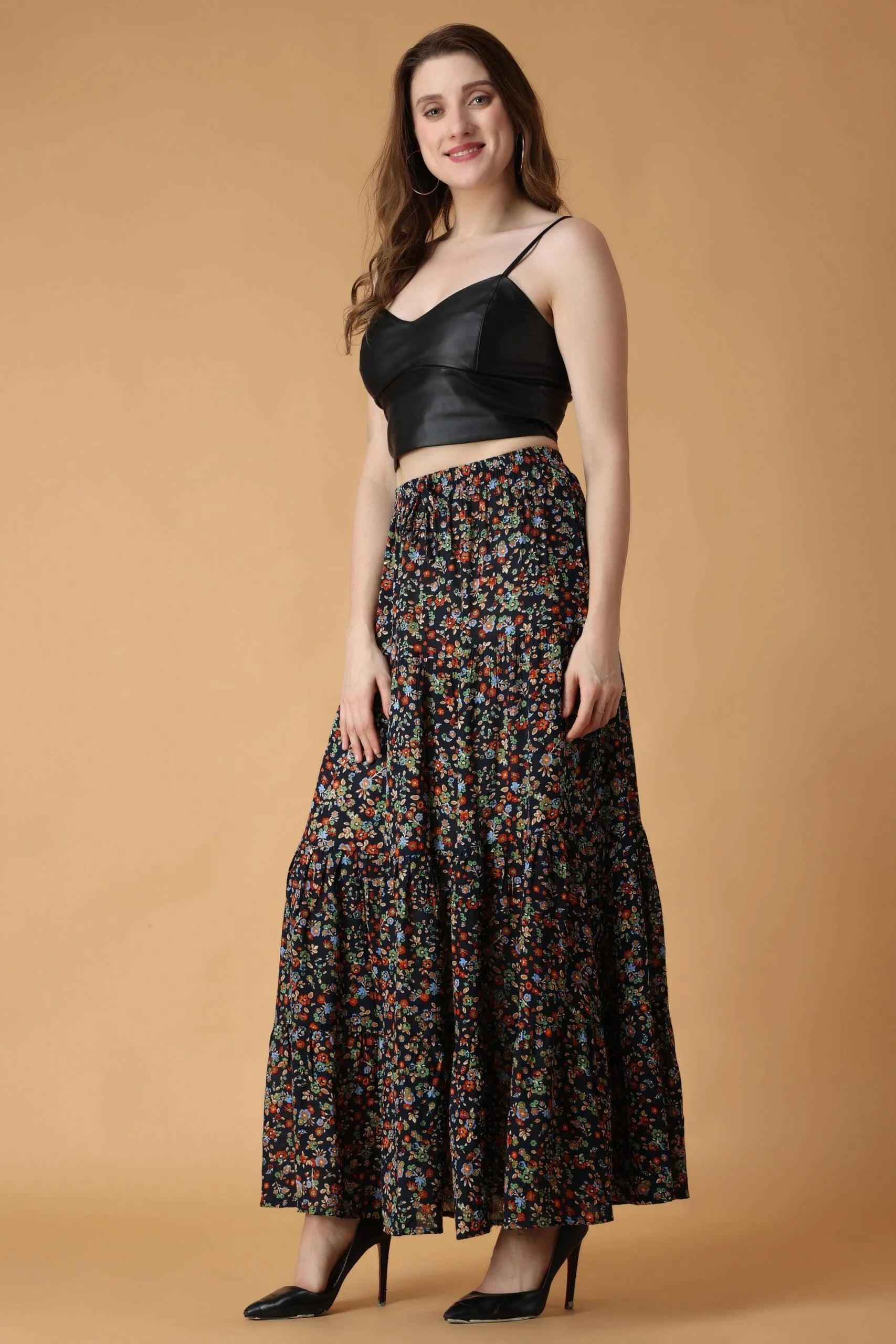 Navy Blue Floral Printed Skirt