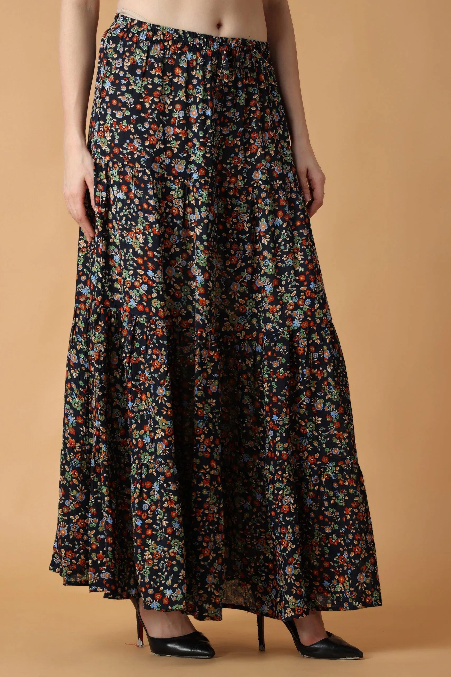 Navy Blue Floral Printed Skirt