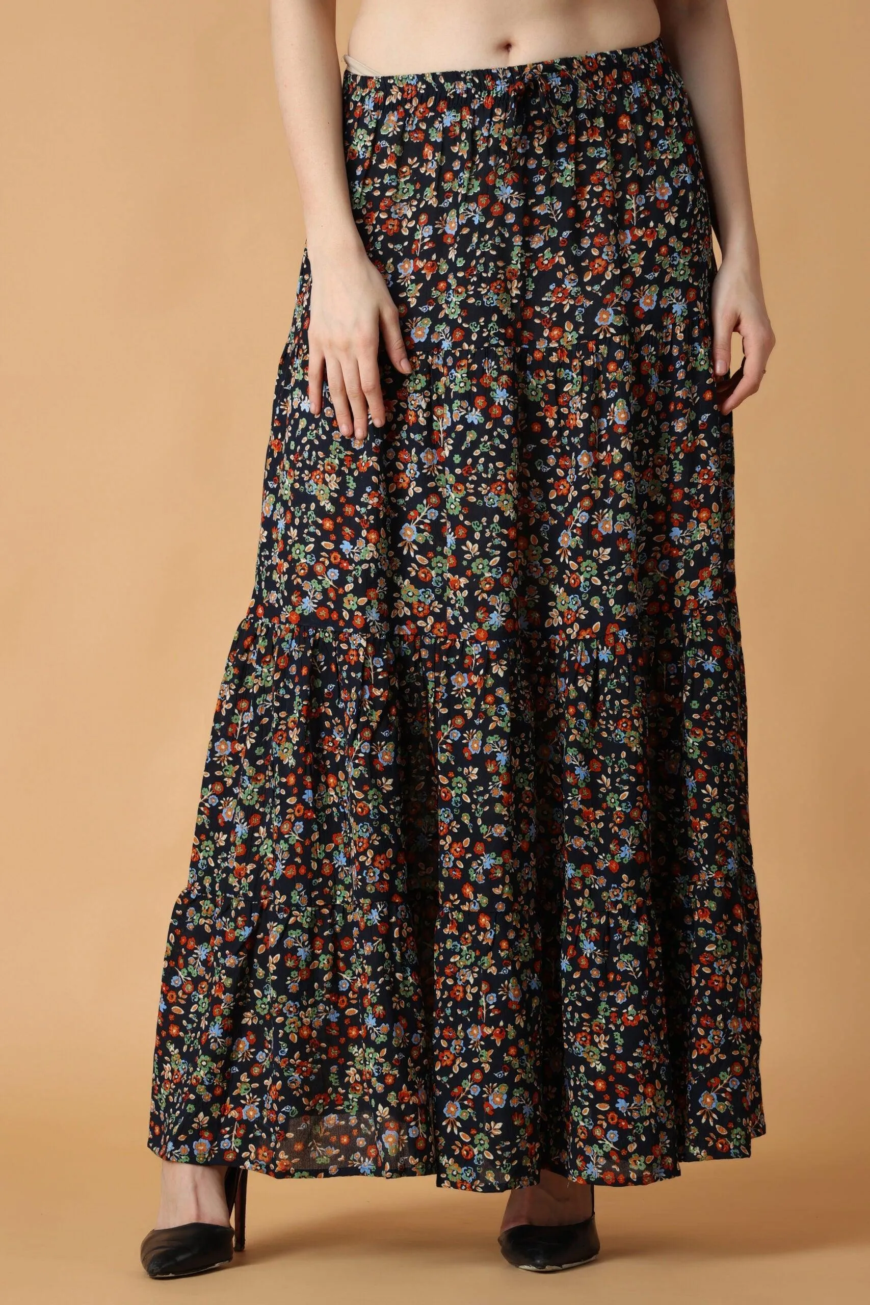 Navy Blue Floral Printed Skirt