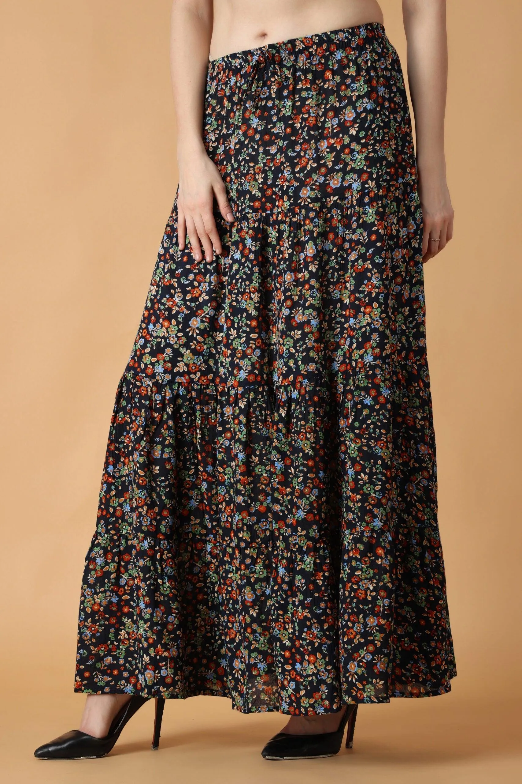 Navy Blue Floral Printed Skirt