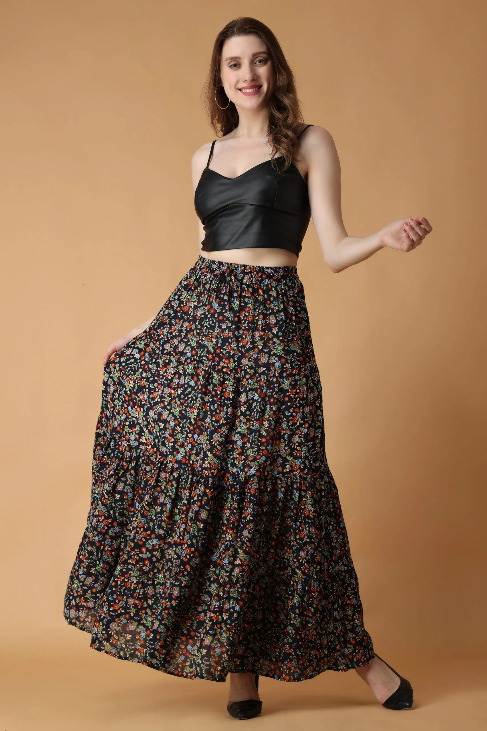 Navy Blue Floral Printed Skirt