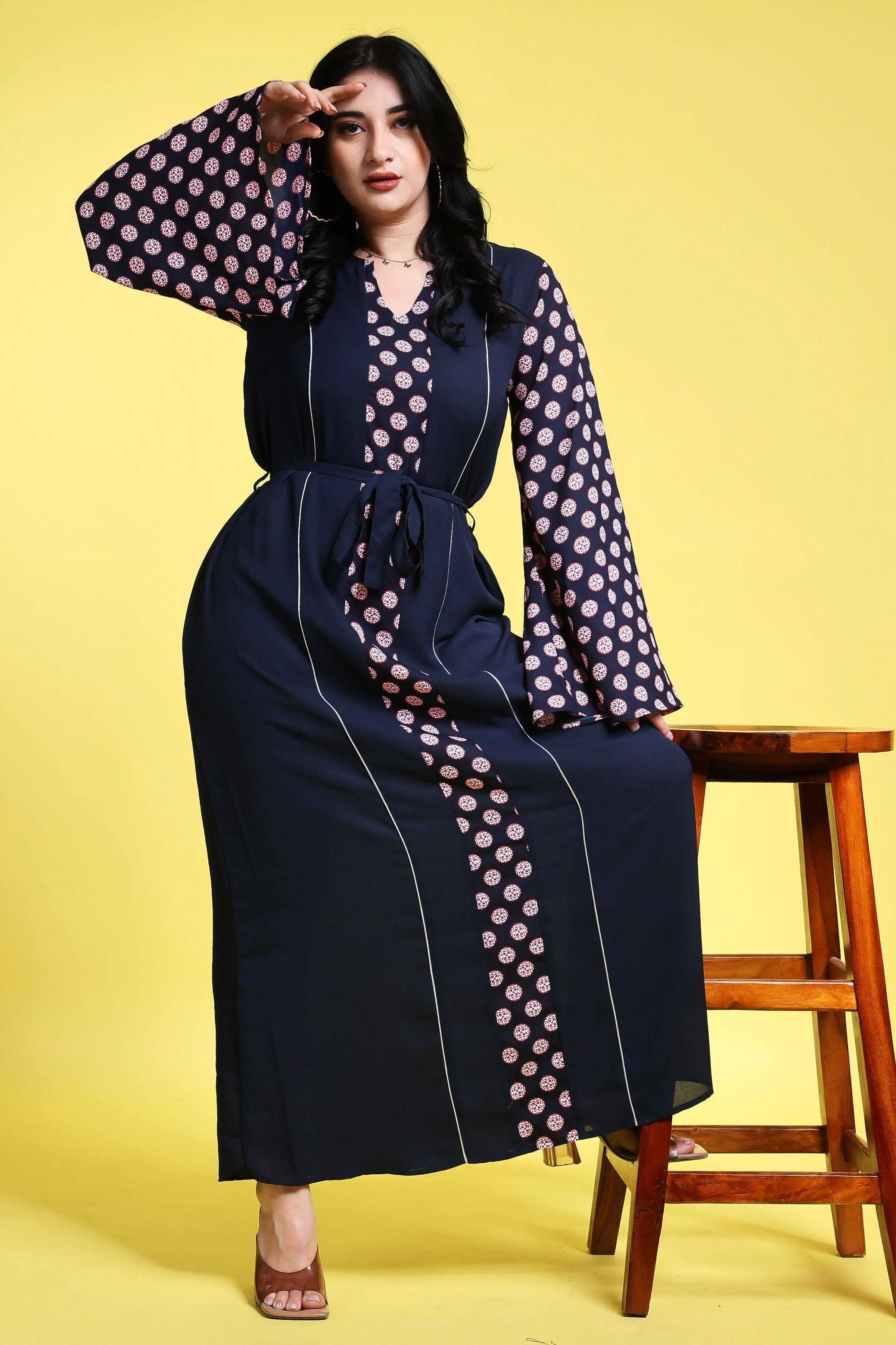 Navy Blue Motif Printed Maxi Dress