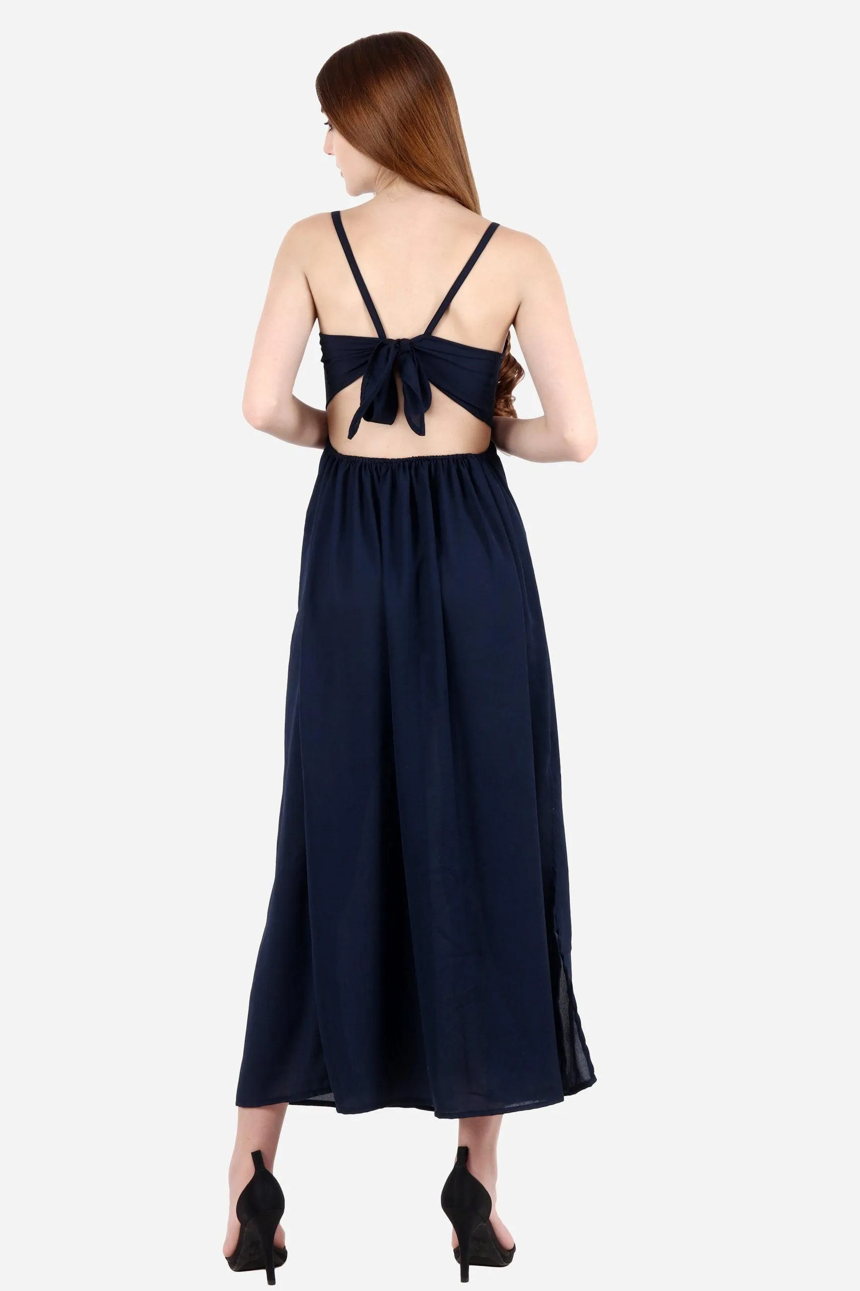 Navy Blue Solid Back Tie Dress