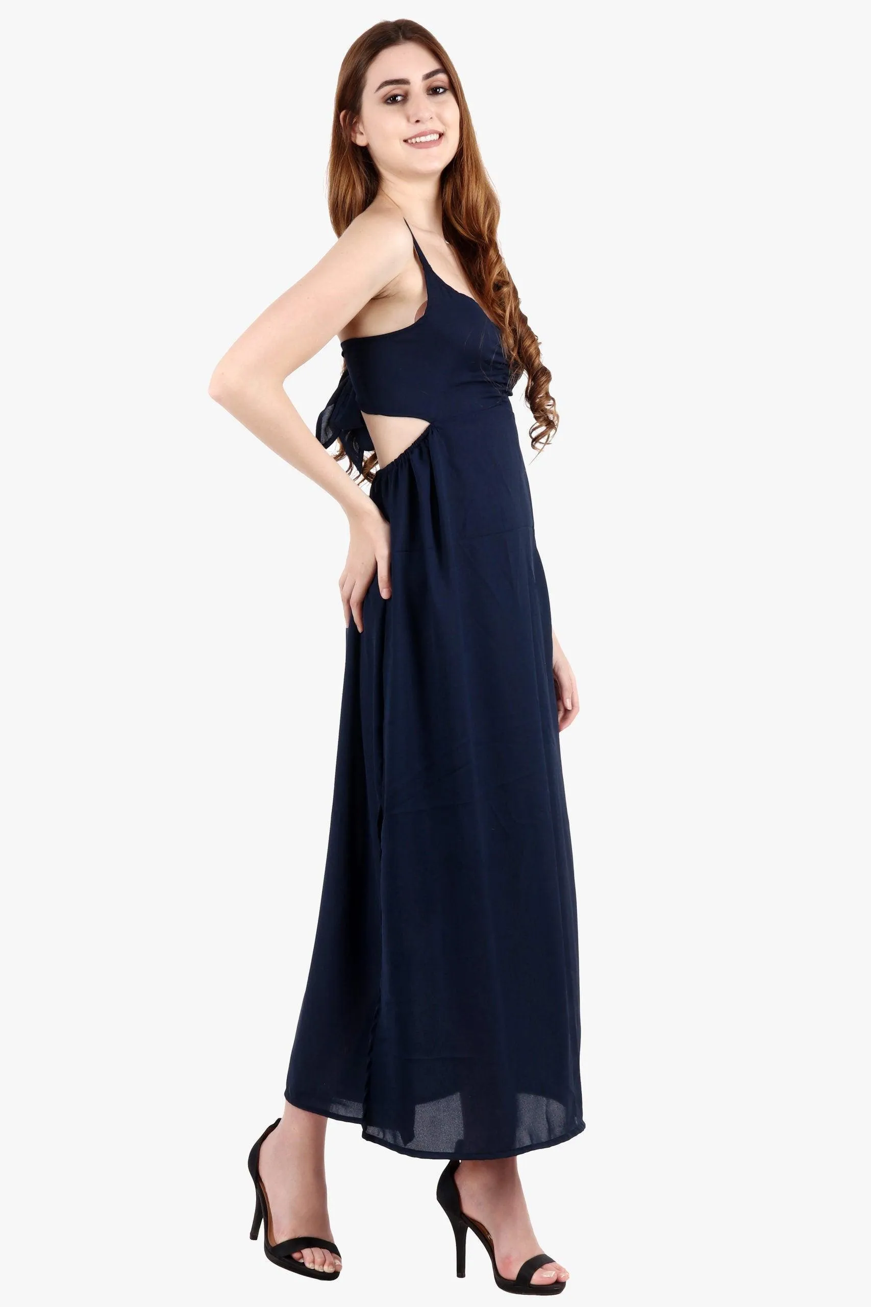 Navy Blue Solid Back Tie Dress