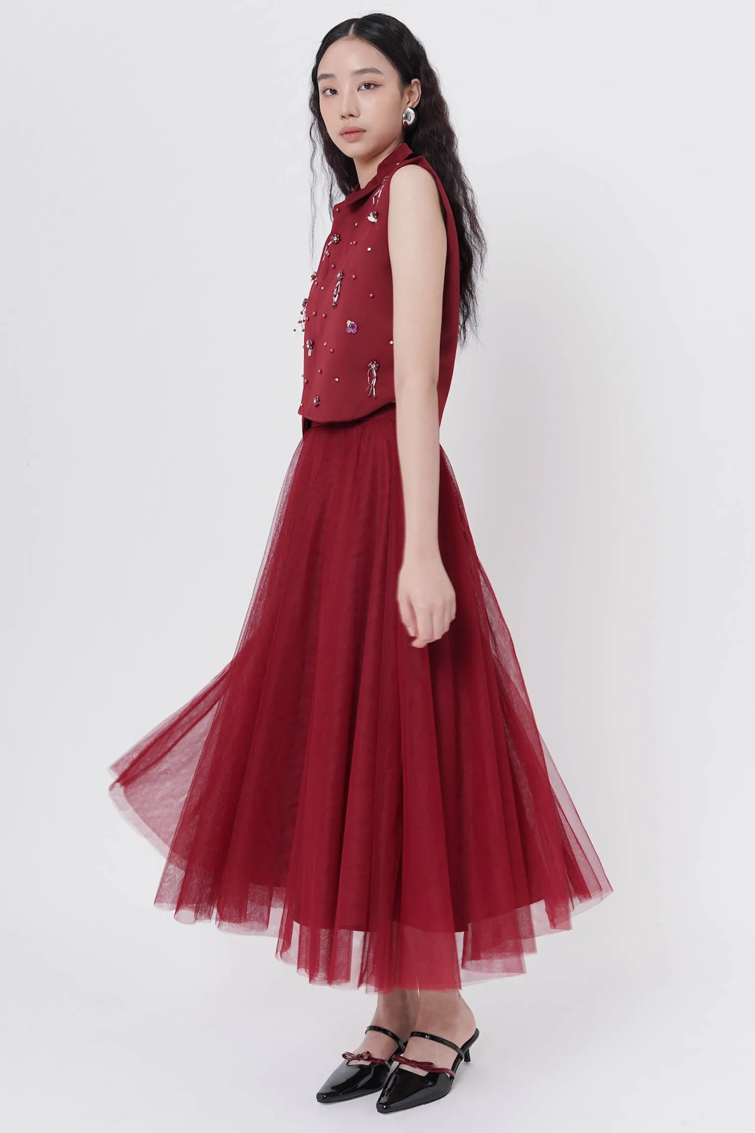 Odilia Tulle Maxi Skirt In Maroon