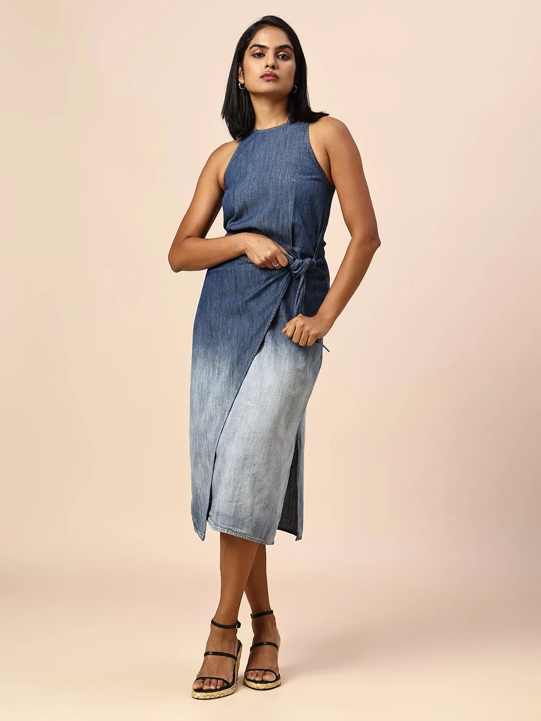 OMBRE WASH DENIM FAUX WRAP SIDE SLIT DRESS