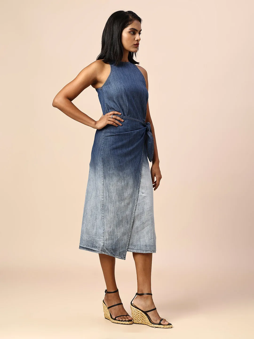 OMBRE WASH DENIM FAUX WRAP SIDE SLIT DRESS