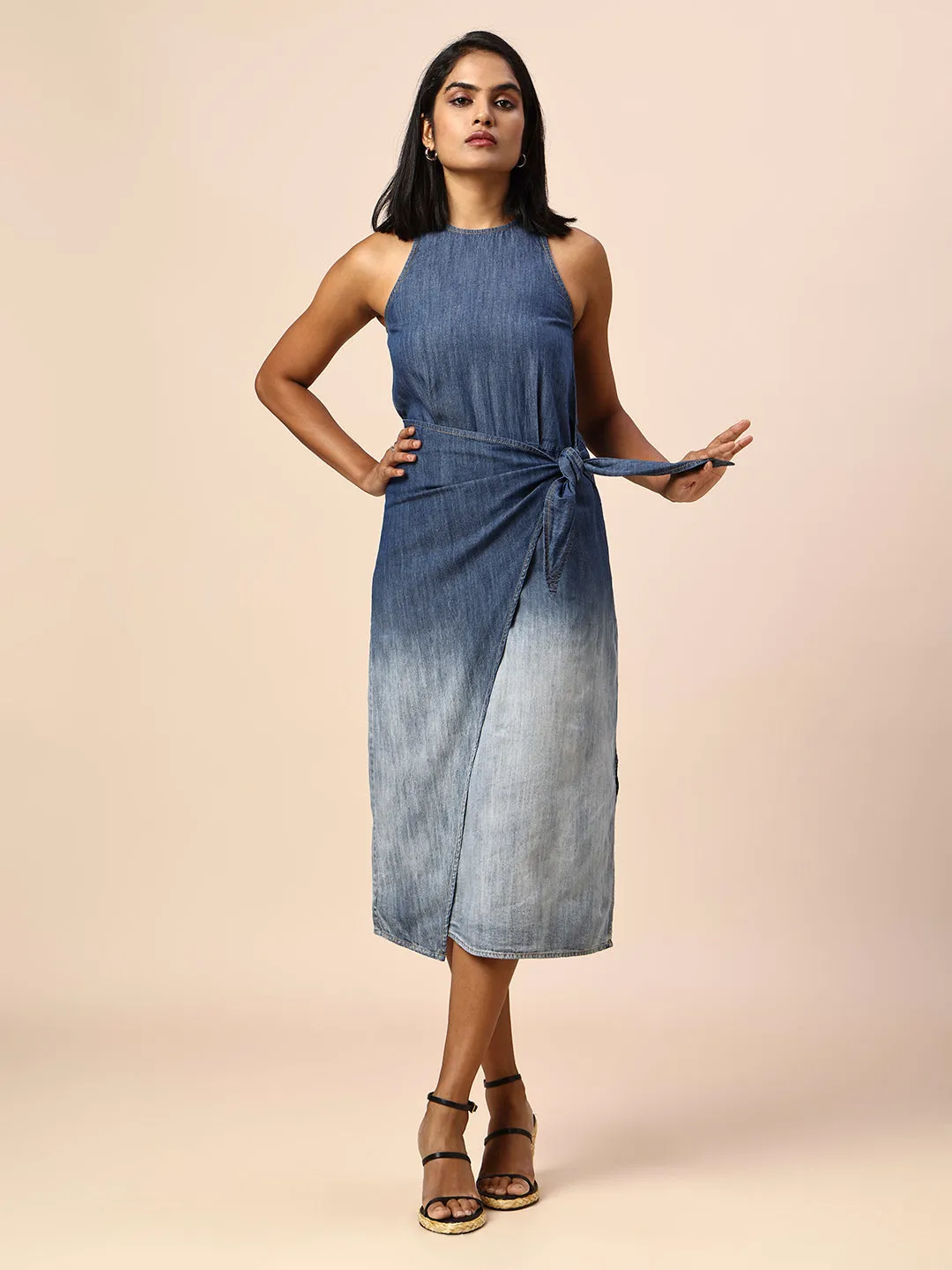 OMBRE WASH DENIM FAUX WRAP SIDE SLIT DRESS