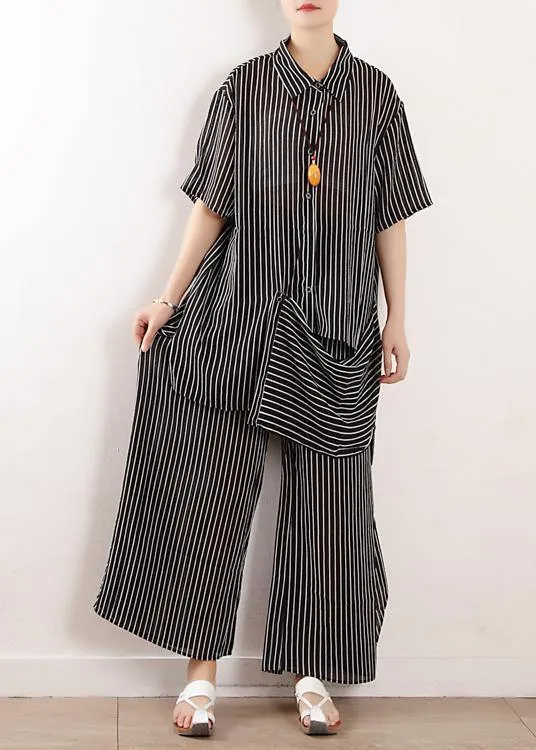 Original literary loose large size gray stripes were thin and irregular chiffon wide-leg pants two-piece suit