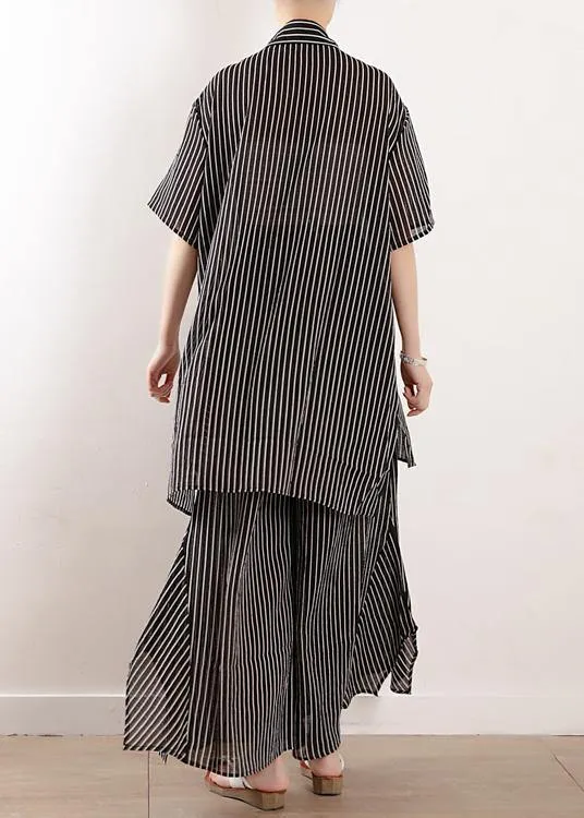 Original literary loose large size gray stripes were thin and irregular chiffon wide-leg pants two-piece suit