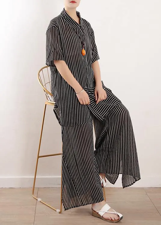 Original literary loose large size gray stripes were thin and irregular chiffon wide-leg pants two-piece suit