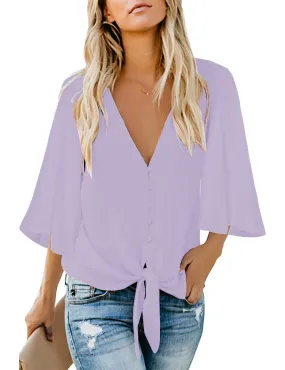 Pastel Lilac V-Neckline Button-Up Tie-Front Top