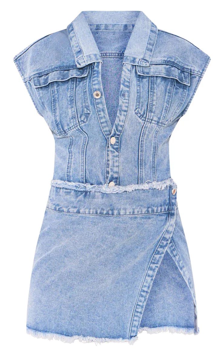 PETITE BLUE SLEEVELESS WRAP OVER DENIM MINI DRESS