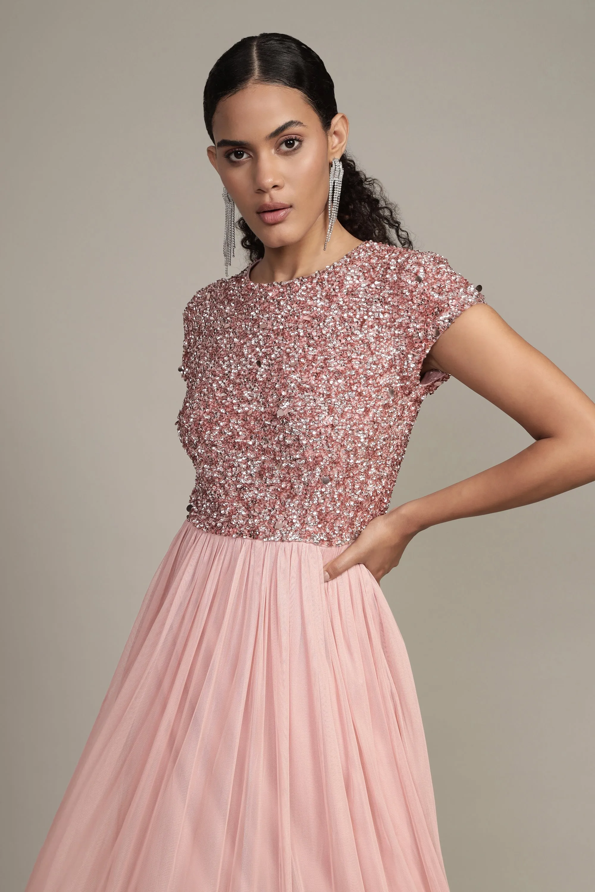 Picasso Short Sleeve Blush Pink Bridesmaid Dress